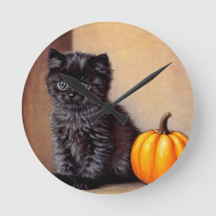 Vintage Halloween Black Kitten Illustration Runde Wanduhr