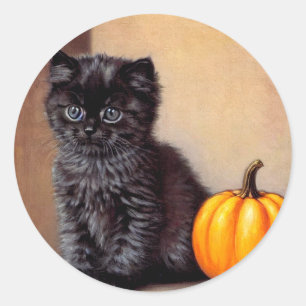 Vintage Halloween Black Kitten Illustration Runder Aufkleber