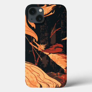 Vintage-Halloween, böse Hexe mit Feuer im Wald title_seo2
