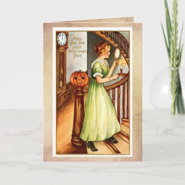 Vintage Halloween Card, Elegante Dame mit Spiegel Karte (Vorderseite)