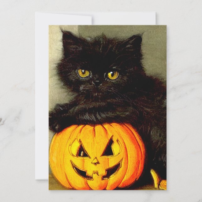 Vintage Halloween Cat and Jack-o’-Laterne Einladung (Vorderseite)