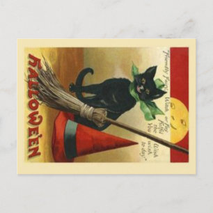 Vintage Halloween Cat & Broom Postkarte