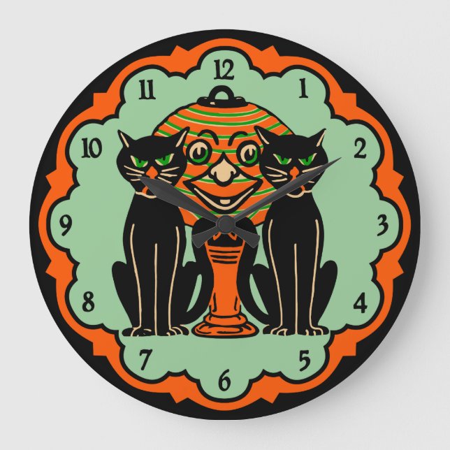 Vintage Halloween Cats Clock Große Wanduhr (Vorderseite)