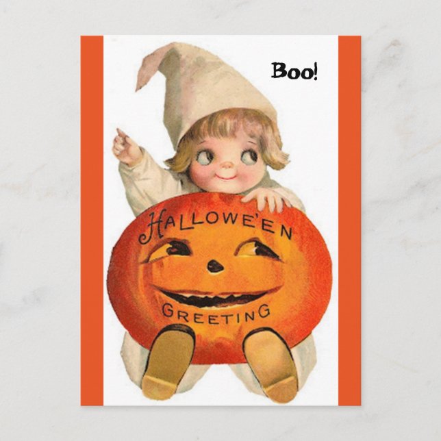 Vintage Halloween Child & Pumpkin Postkarte (Vorderseite)