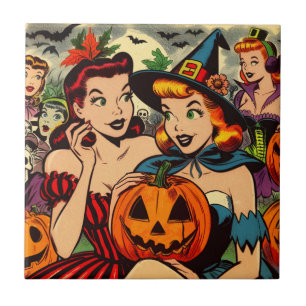 Vintage-Halloween-Comicfiguren Mädchen Fliese