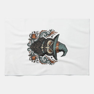 Vintage-Halloween-Eule-Hexenhut-Vektordesign_1 Geschirrtuch