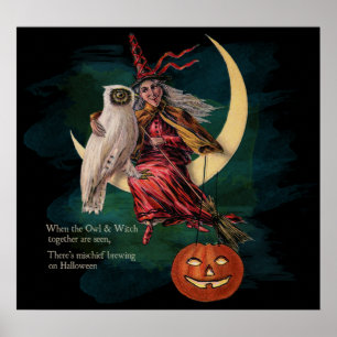 Vintage Halloween-Eule und Hexe-Plakat Poster