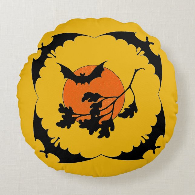 Vintage Halloween-Fledermäuse und Harvest-Mond Rundes Kissen (Vorderseite)