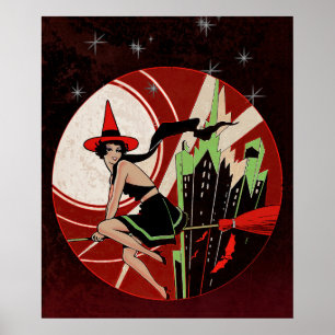 Vintage-Halloween-Fliegende-Hexe-Kunstposter Poster