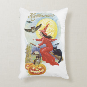 Vintage Halloween, Fliegende Hexe mit einer schwar Dekokissen