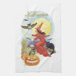 Vintage Halloween, Fliegende Hexe mit einer schwar Geschirrtuch
