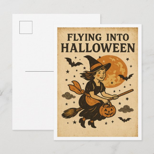 Vintage Halloween Flying Postkarte (Vorne/Hinten)