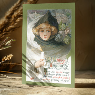 Vintage-Halloween-Frau mit Totenköpfen Postkarte