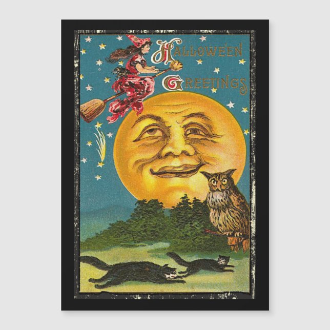 Vintage Halloween-Grüße auf Broom Magnetkarte (Vorderseite)