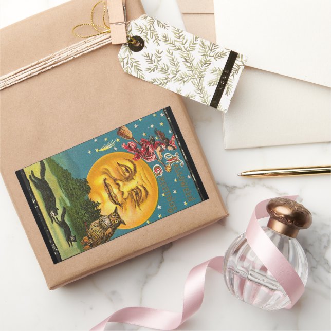 Vintage Halloween-Grüße auf Broom Rechteckiger Aufkleber (Schenken)