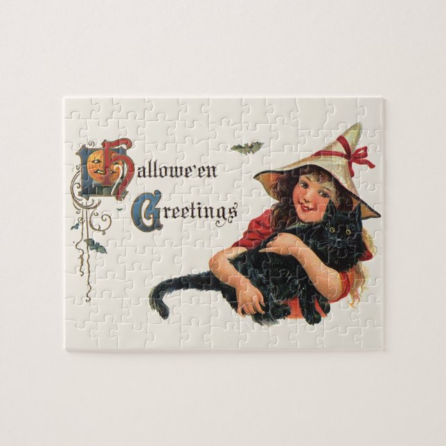 Vintage Halloween-Grüße, Kinderhexe mit Katze (Horizontal)