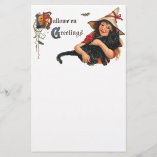 Vintage Halloween-Grüße, Kinderhexe mit Katze Briefpapier