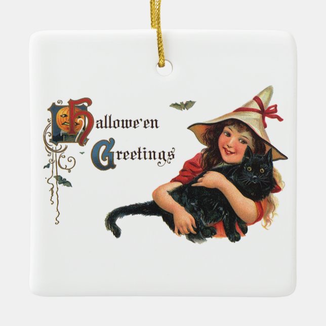Vintage Halloween-Grüße, Kinderhexe mit Katze Keramikornament (Vorderseite)