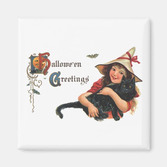 Vintage Halloween-Grüße, Kinderhexe mit Katze Magnet (Vorne)