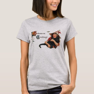 Vintage-Halloween-Grüße, Kinderhexe mit Katze T-Shirt