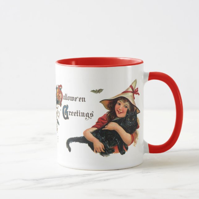 Vintage Halloween-Grüße, Kinderhexe mit Katze Tasse (Rechts)
