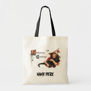 Vintage Halloween-Grüße, Kinderhexe mit Katze Tragetasche