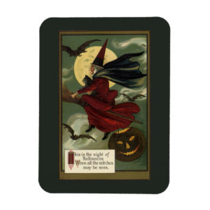 Vintage-Halloween-Hexe auf einem Besenstiel mit Ka Magnet