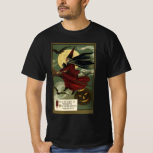 Vintage-Halloween-Hexe auf einem Besenstiel mit Ka T-Shirt