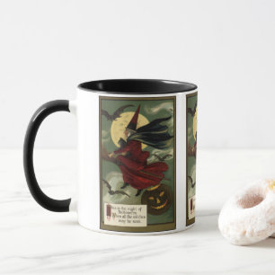 Vintage-Halloween-Hexe auf einem Besenstiel mit Ka Tasse