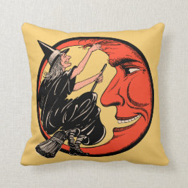 Vintage Halloween-Hexe auf ihrem Besen Kissen