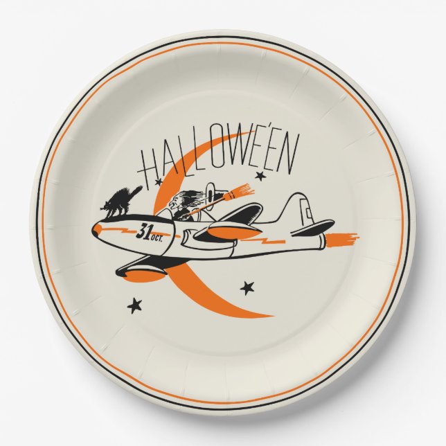 Vintage Halloween-Hexe, die ein Flugzeug fliegt Pappteller (Vorderseite)