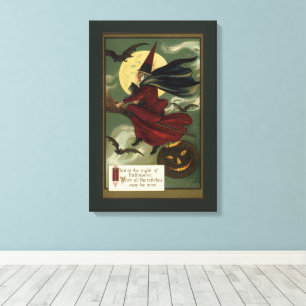 Vintage Halloween-Hexe, die einen Besen mit Katze Leinwanddruck