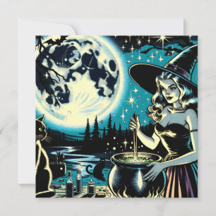 Vintage Halloween-Hexe, die einen Cauldron umwirbe