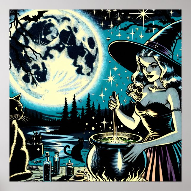 Vintage Halloween-Hexe, die einen Cauldron umwirbe Poster (Vorne)