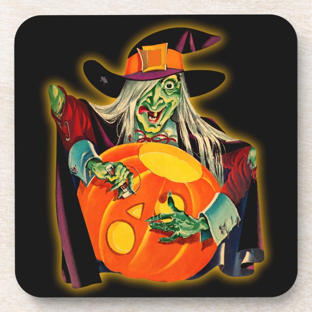 Vintage Halloween-Hexe, die einen Jack O'Lantern Getränkeuntersetzer (Vorderseite)
