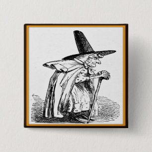 Vintage Halloween-Hexe, die mit Stock-Knopf geht Button