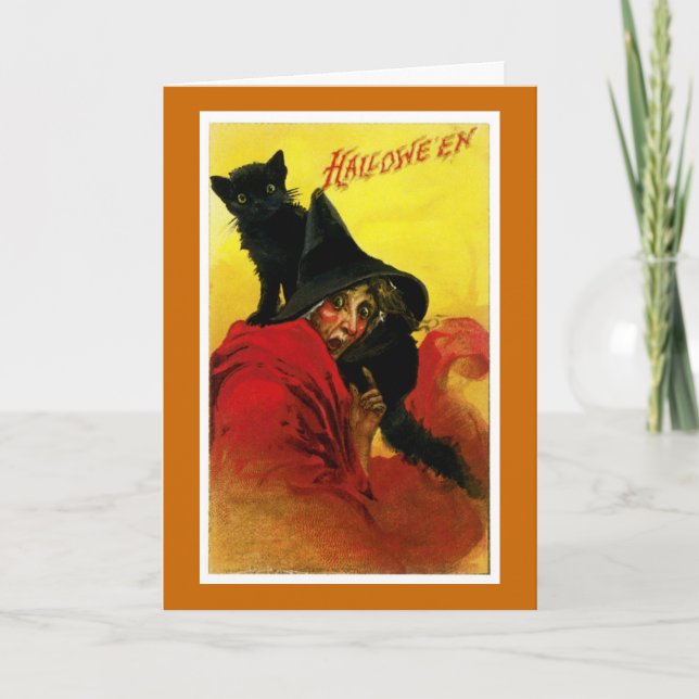 Vintage Halloween-Hexe Karte (Vorderseite)