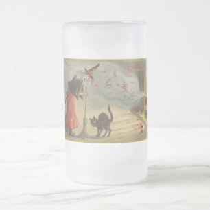 Vintage Halloween Hexe, Katze-Tasse, Steine Mattglas Bierglas