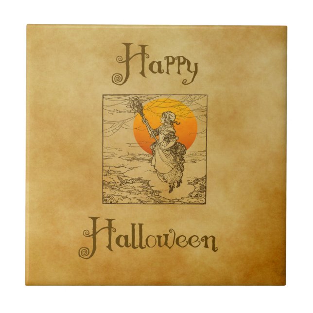 Vintage-Halloween-Hexe-Keramikfliese Fliese (Vorderseite)