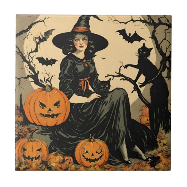 Vintage Halloween-Hexe, Kürbis, Schwarze Katze, Fl Fliese (Vorderseite)