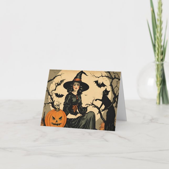 Vintage Halloween-Hexe, Kürbis, Schwarze Katze, Fl Karte (Vorderseite)