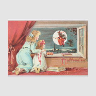 Vintage Halloween-Hexe mit Broomstick Seidenpapier
