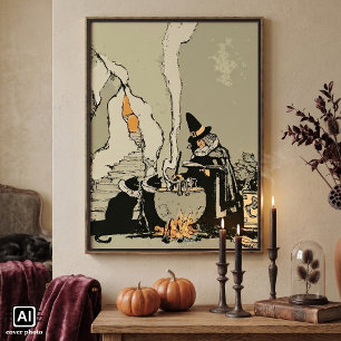 Vintage Halloween, Hexe mit Kessel und Katzen Poster
