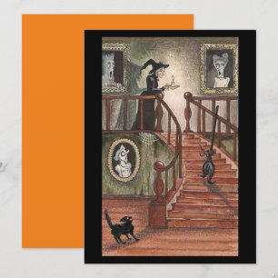Vintage Halloween-Hexe mit schwarzen Katzen