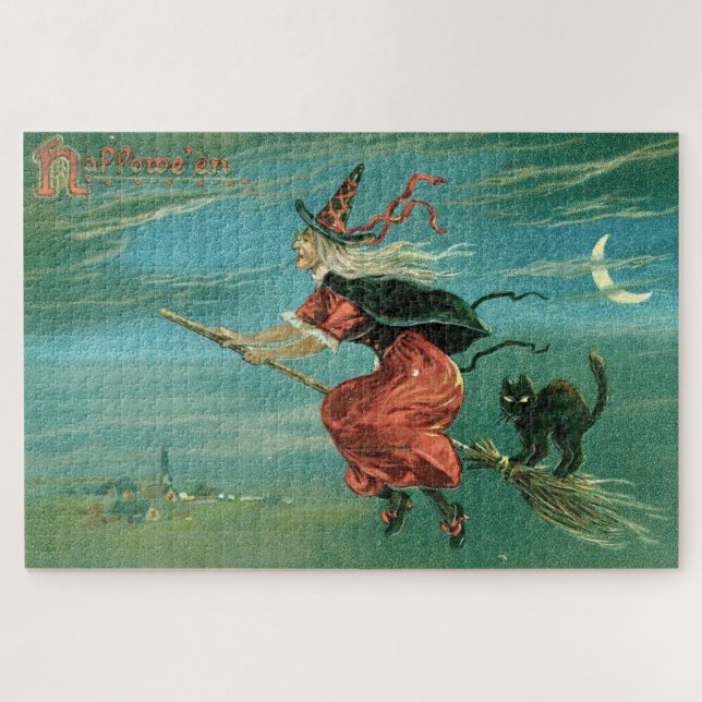 Vintage Halloween-Hexe mit Schwarzer Katze (Horizontal)