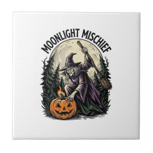 Vintage-Halloween-Hexe-Mondlicht-Streich-Grafik Fliese