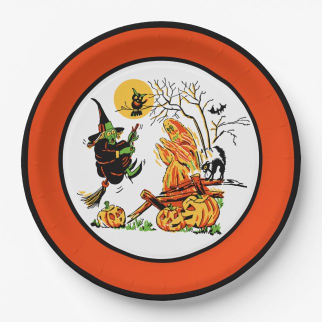 Vintage Halloween-Hexe Pappteller (Vorderseite)