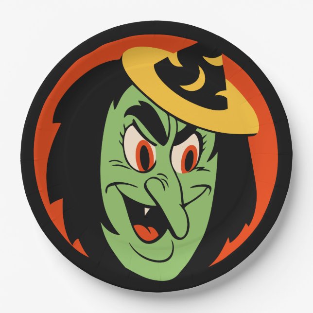 Vintage Halloween-Hexe Pappteller (Vorderseite)