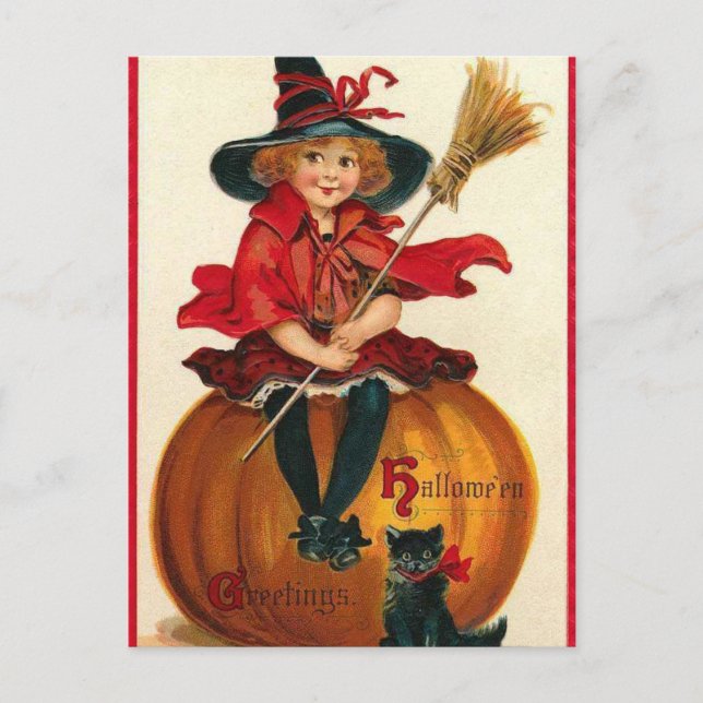 Vintage Halloween-Hexe Postkarte (Vorderseite)