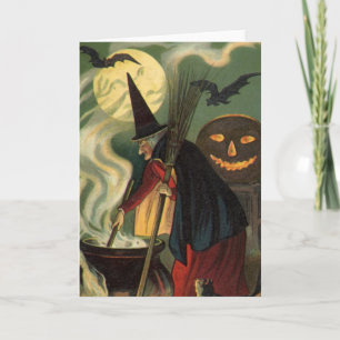 Vintage-Halloween-Hexe rührt magischen Kessel Karte